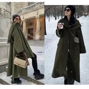 Zara | Jackets & Coats | Zara Manteco Wool Scarf Coat Dark Khaki